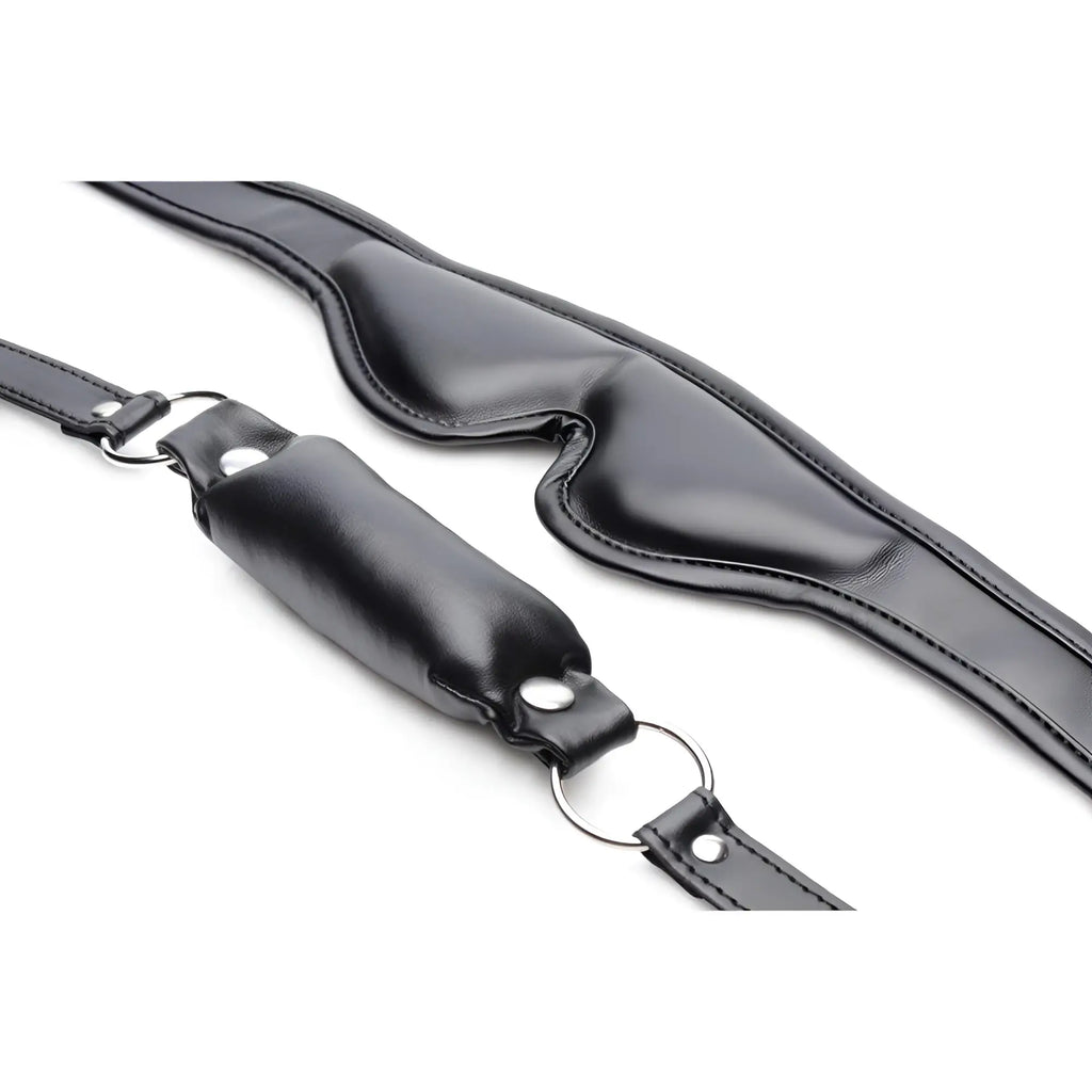 Strict Padded Blindfold and Gag Set in black faux leather with silver-tone hardware on a white background.