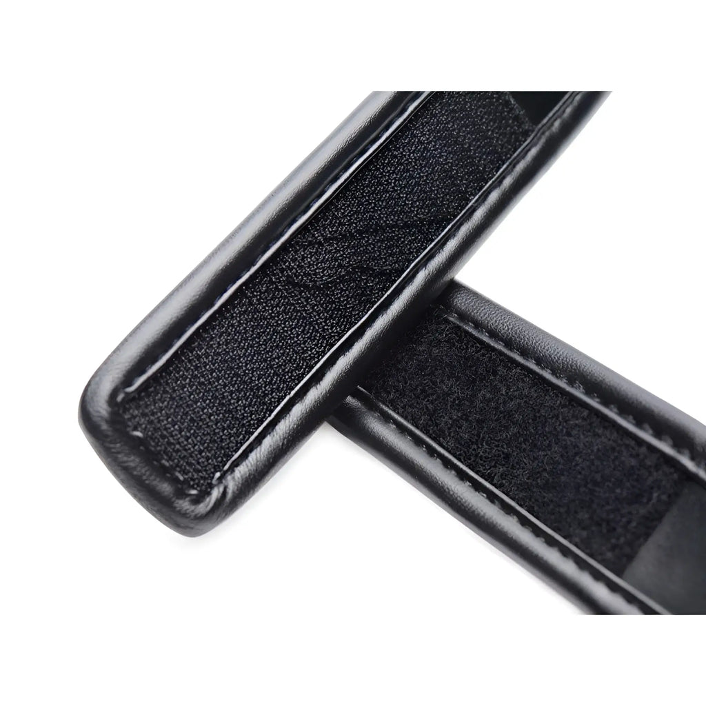 Strict Padded Blindfold and Gag Set featuring black faux leather straps with soft, textured Velcro-style lining.