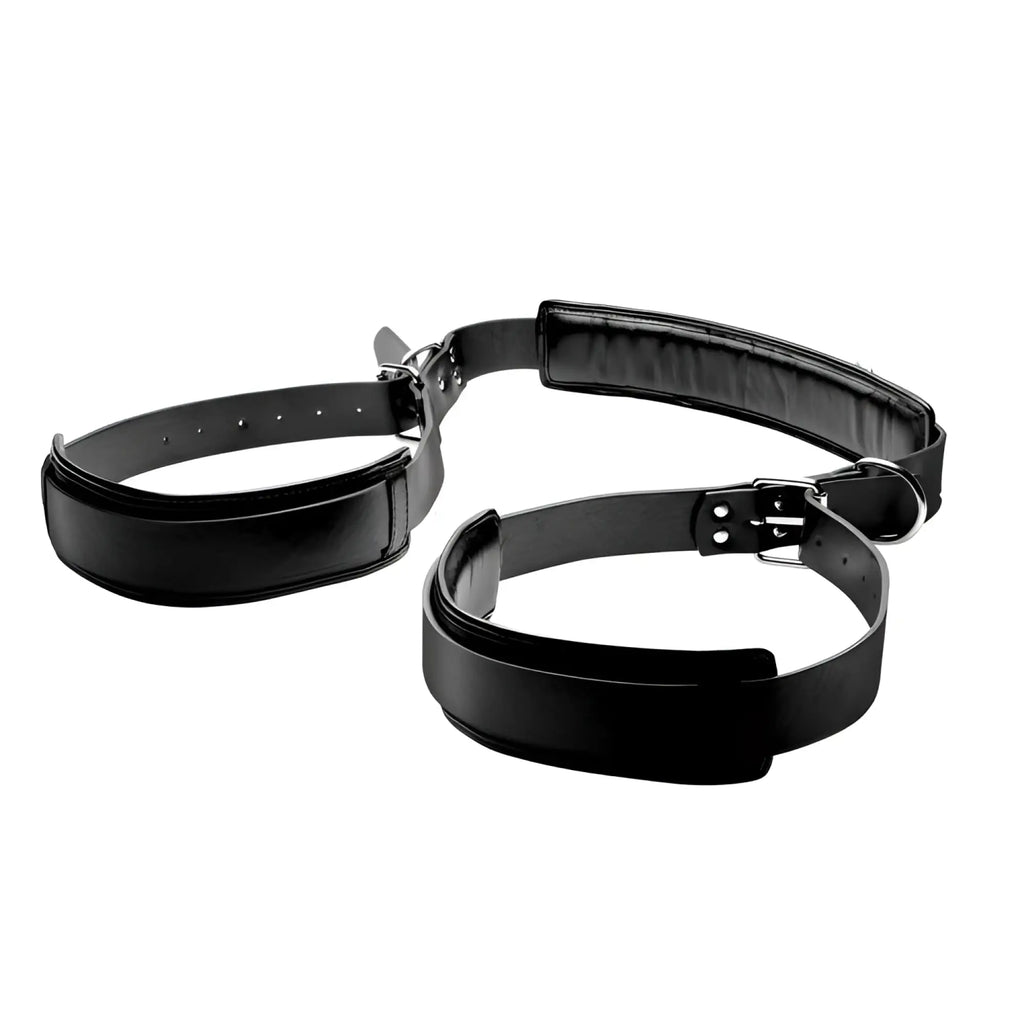 Strict Padded Thigh Sling Position Aid: A black, faux leather adjustable harness with two padded thigh cuffs.