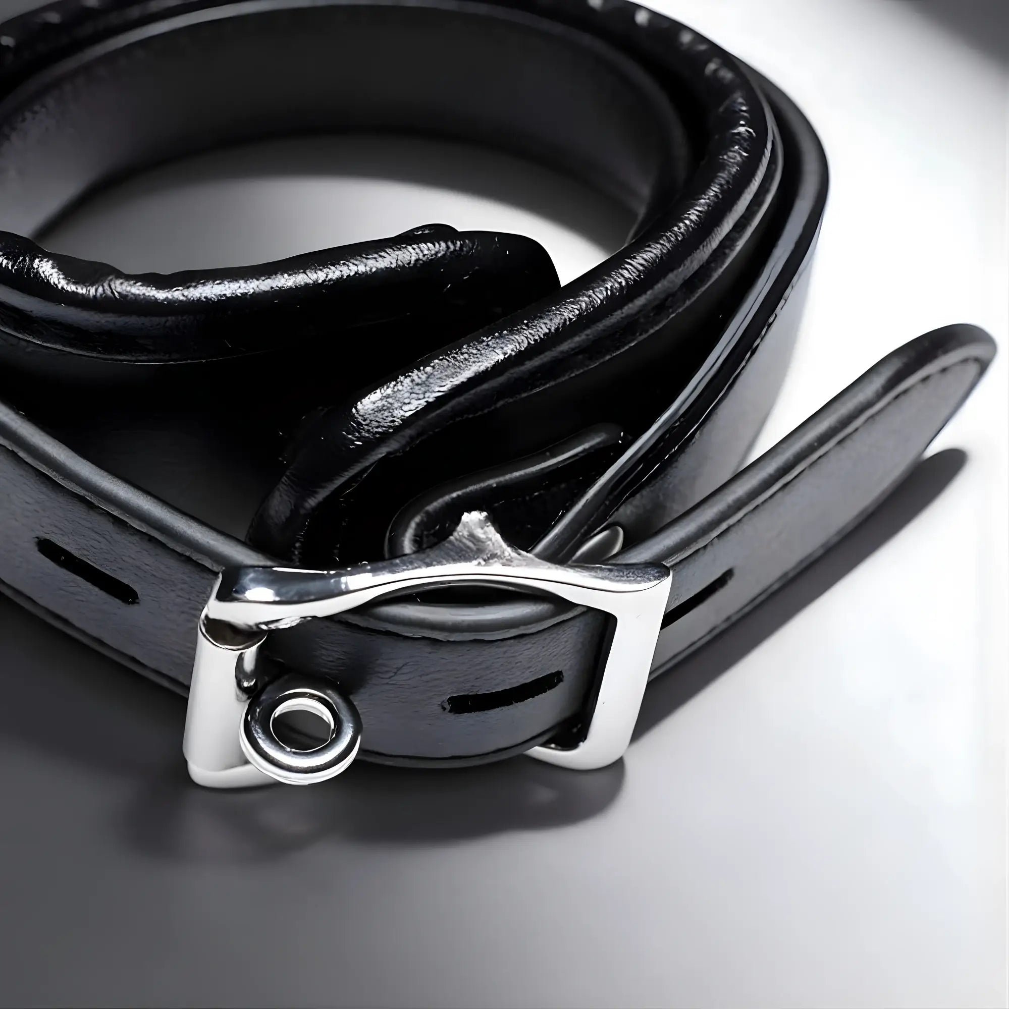 Strict Padded Thigh Sling with Wrist Cuffs: A coiled black leather strap with silver buckle and metal O-ring.