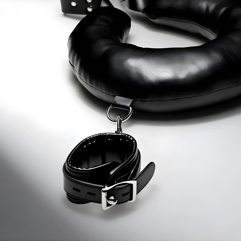 Strict Padded Thigh Sling with Wrist Cuffs: A black, padded leather-style thigh sling connected to a matching cuff.
