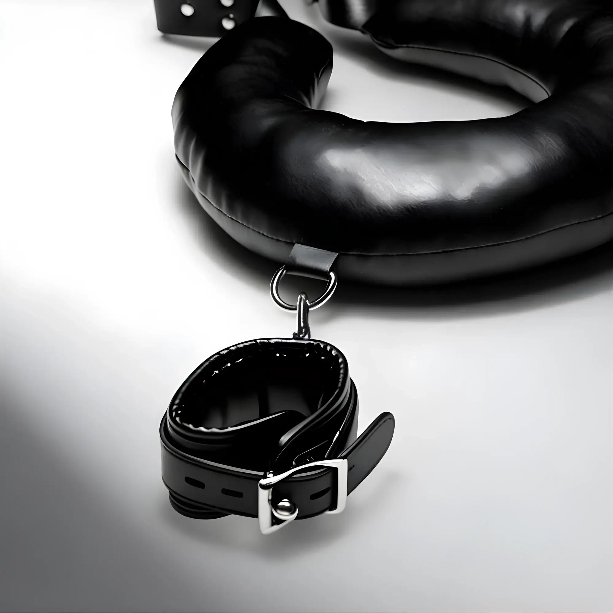Strict Padded Thigh Sling with Wrist Cuffs: A black, padded leather-style thigh sling connected to a matching cuff.
