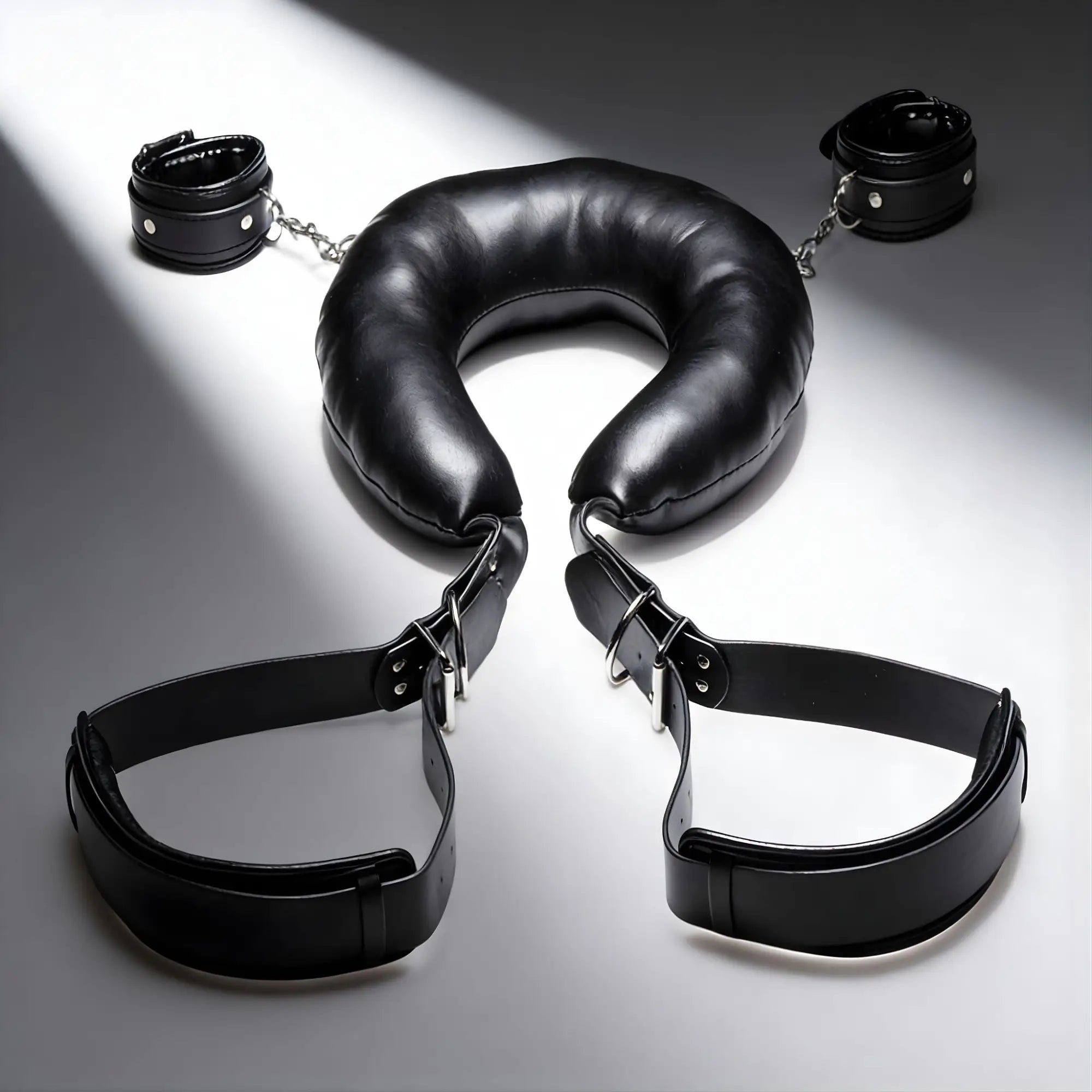Strict Padded Thigh Sling with Wrist Cuffs: Black leather restraint set with a U-shaped pad, thigh straps, and cuffs.