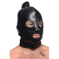 Strict Ponytail Bondage Hood in black faux leather, featuring eye, nose, and mouth cutouts and a top ponytail attachment.