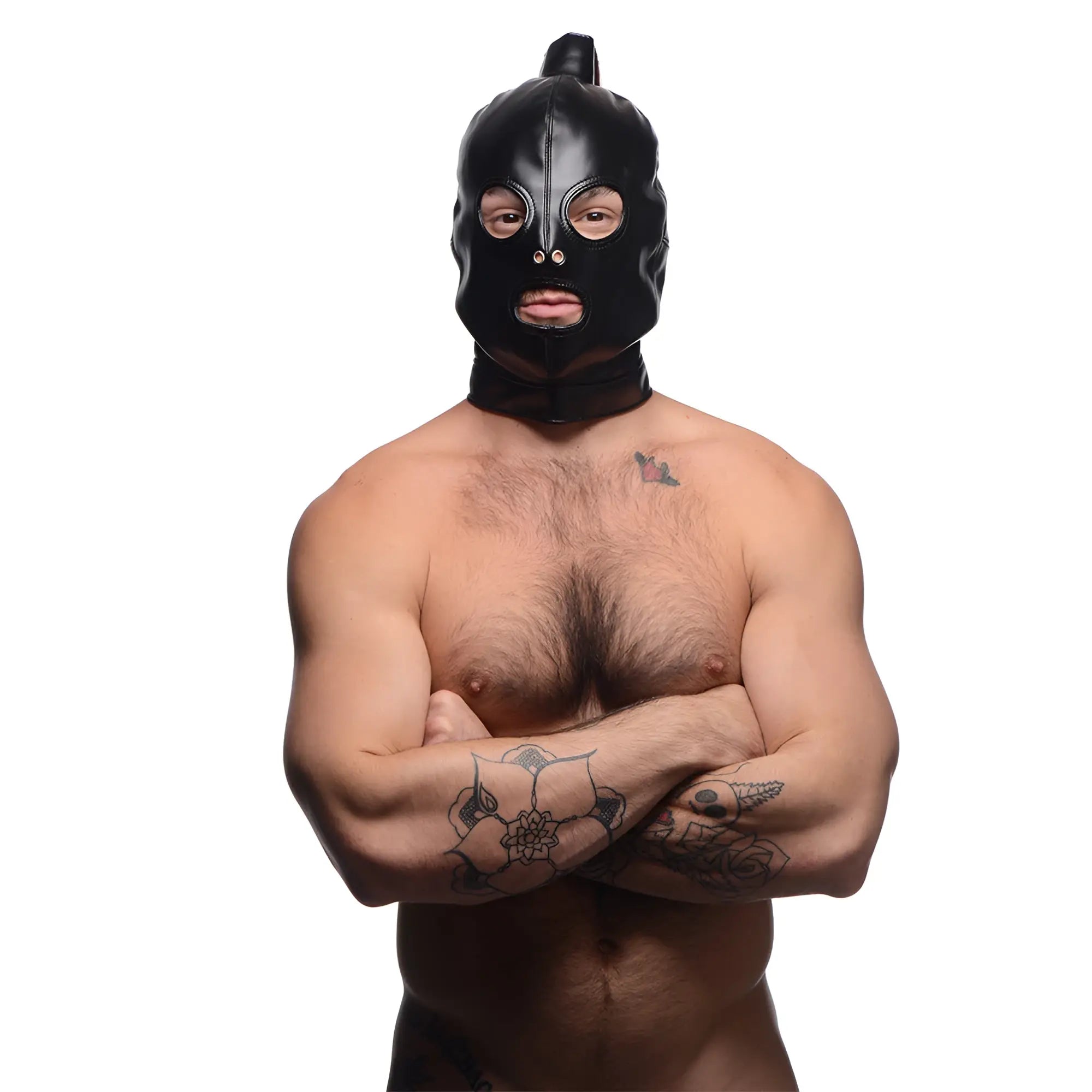 Strict Ponytail Bondage Hood in black faux leather featuring eye, nose, and mouth cutouts on a tattooed shirtless man.