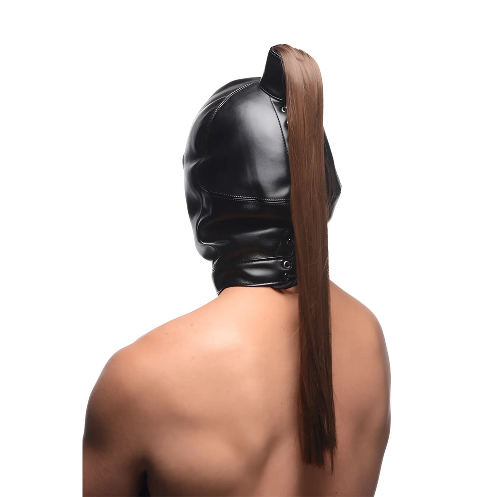 Strict Ponytail Bondage Hood: black, faux-leather hood with a long brown ponytail and rear lace-up closure.