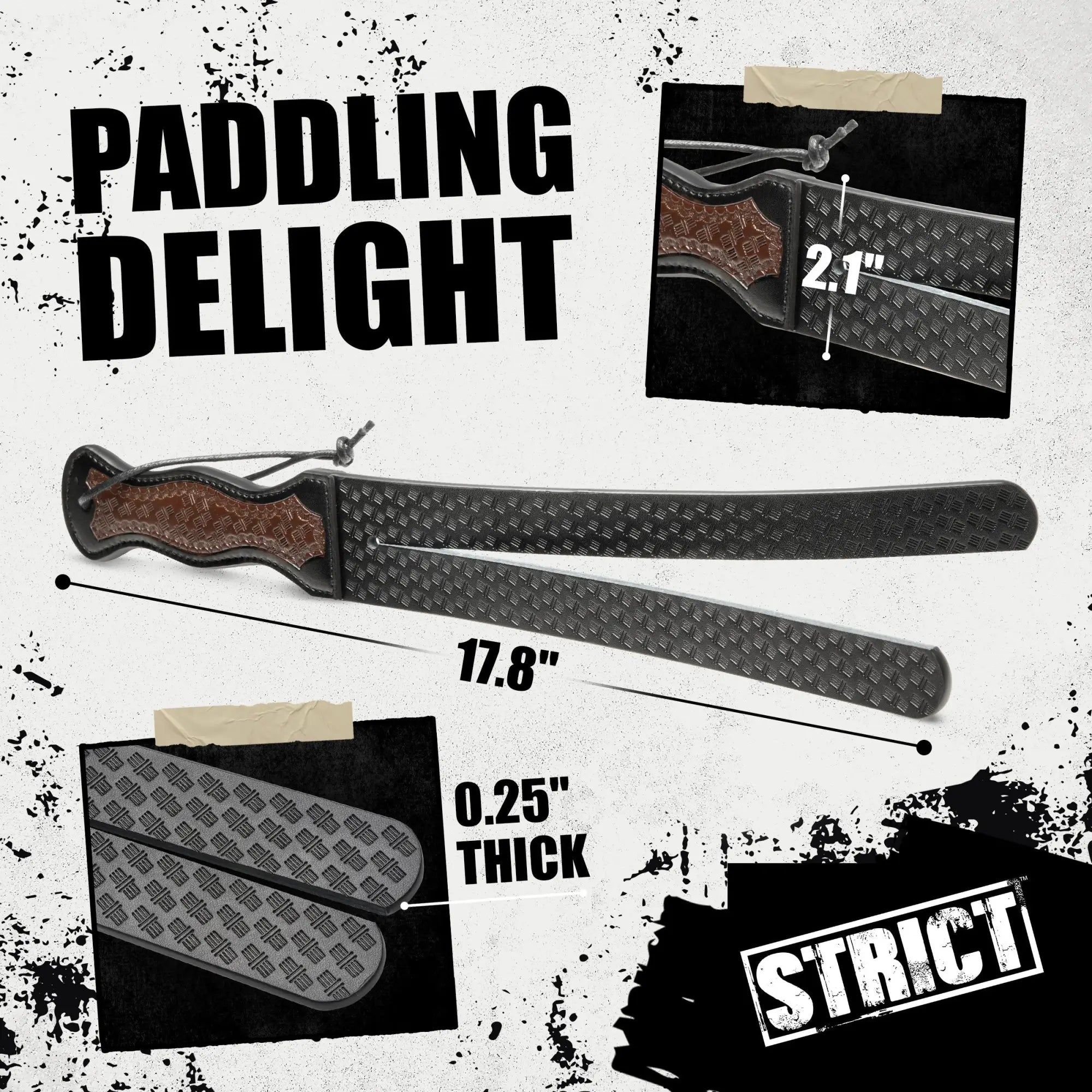 Strict Scottish Tawse, a two-tailed black textured leather paddle with a brown handle and 17.8-inch total length.