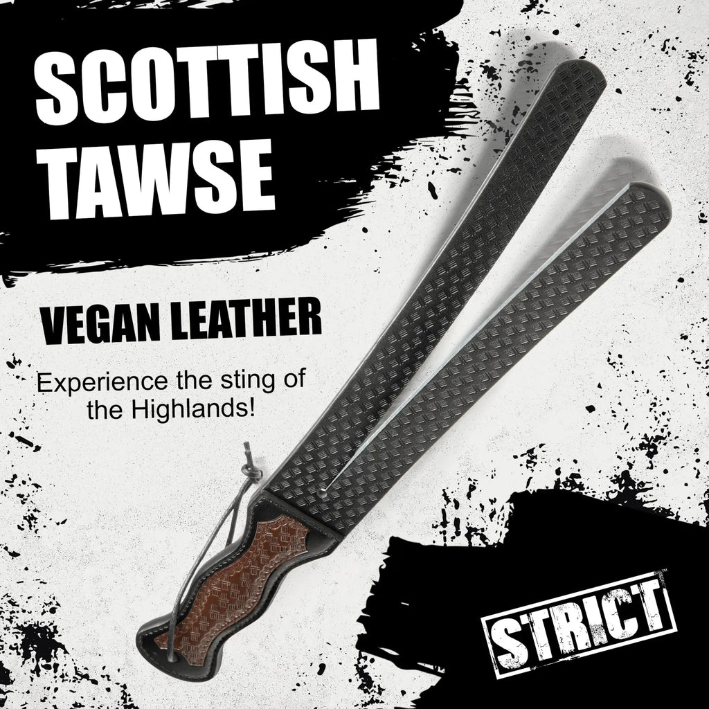 Strict Scottish Tawse made of black vegan leather with a textured, split-tail design and a brown handle.