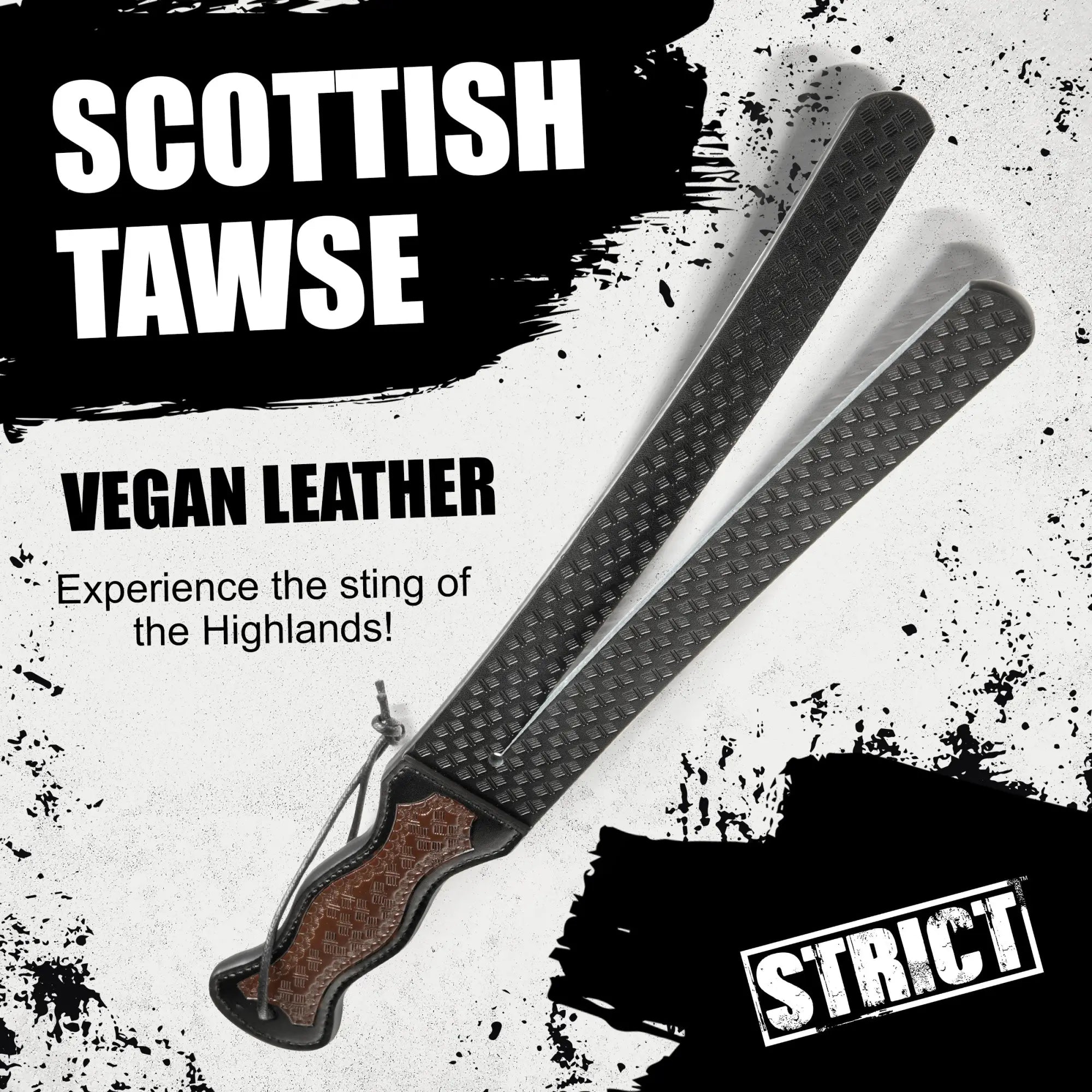 Strict Scottish Tawse made of black vegan leather with a textured, split-tail design and a brown handle.