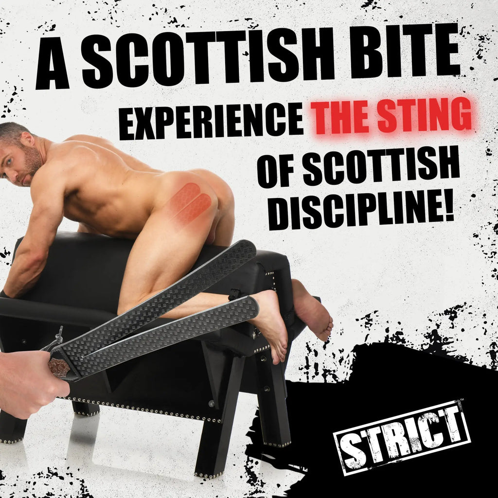 Strict Scottish Tawse: A black, textured leather strap held by a hand, shown with a person on a black padded bench.