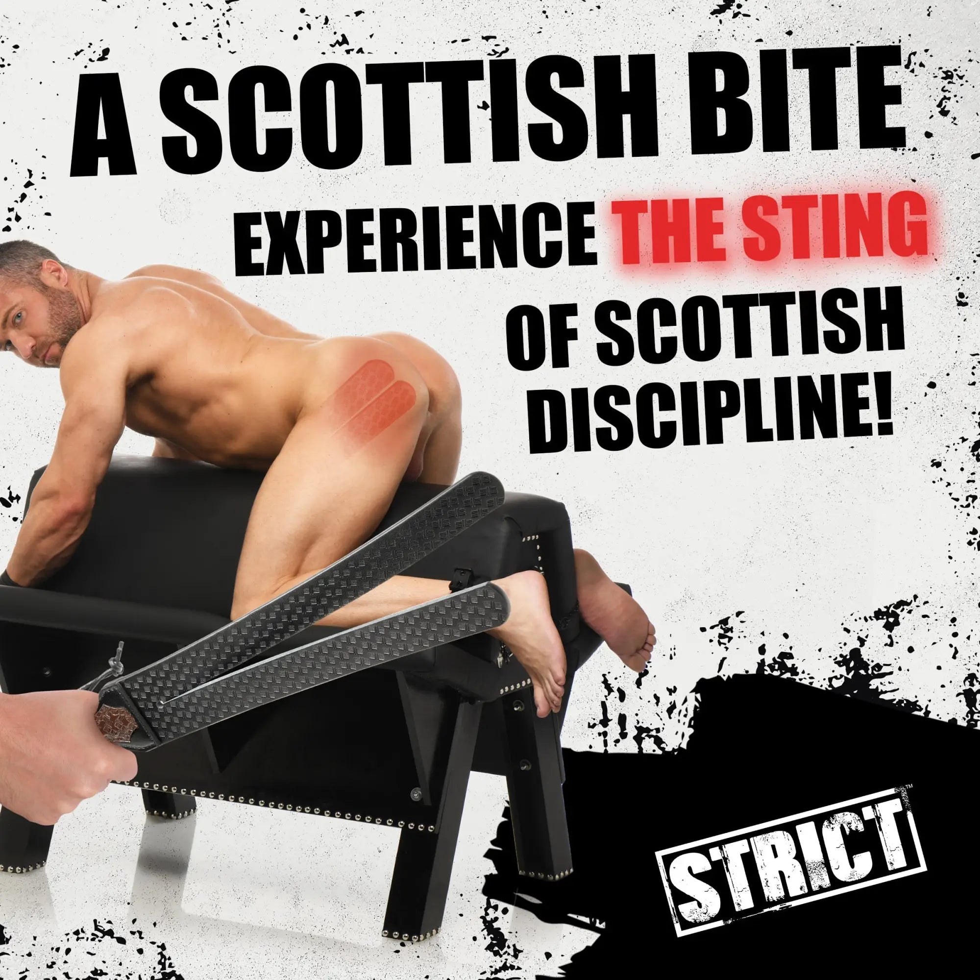 Strict Scottish Tawse: A black, textured leather strap held by a hand, shown with a person on a black padded bench.