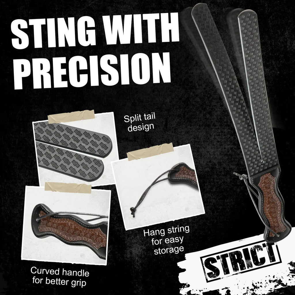 Strict Scottish Tawse: A black, carbon-fiber textured, split-tail implement with a brown curved handle and hang string.