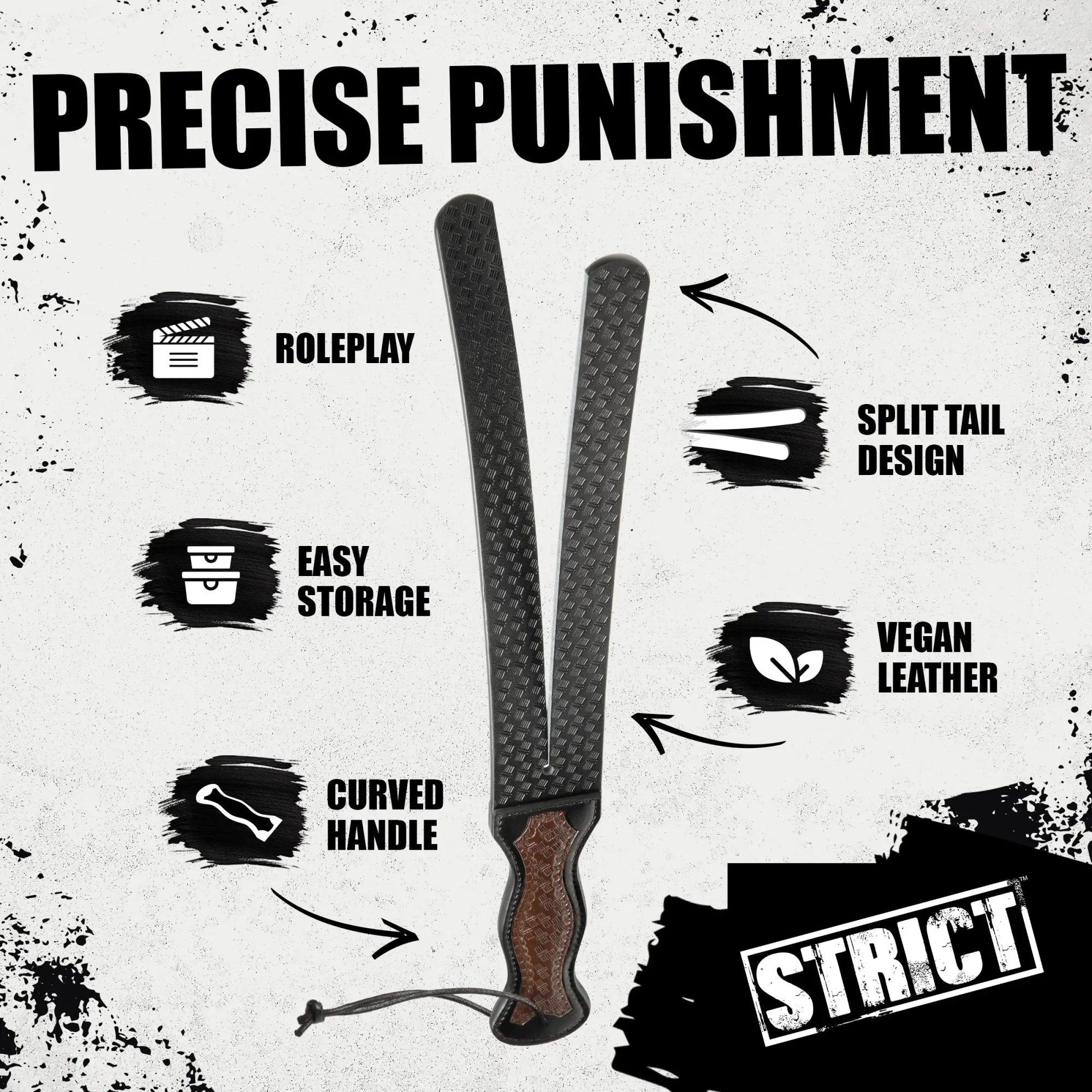 Strict Scottish Tawse: A black, split-tail vegan leather paddle with a brown textured handle on a grunge background.