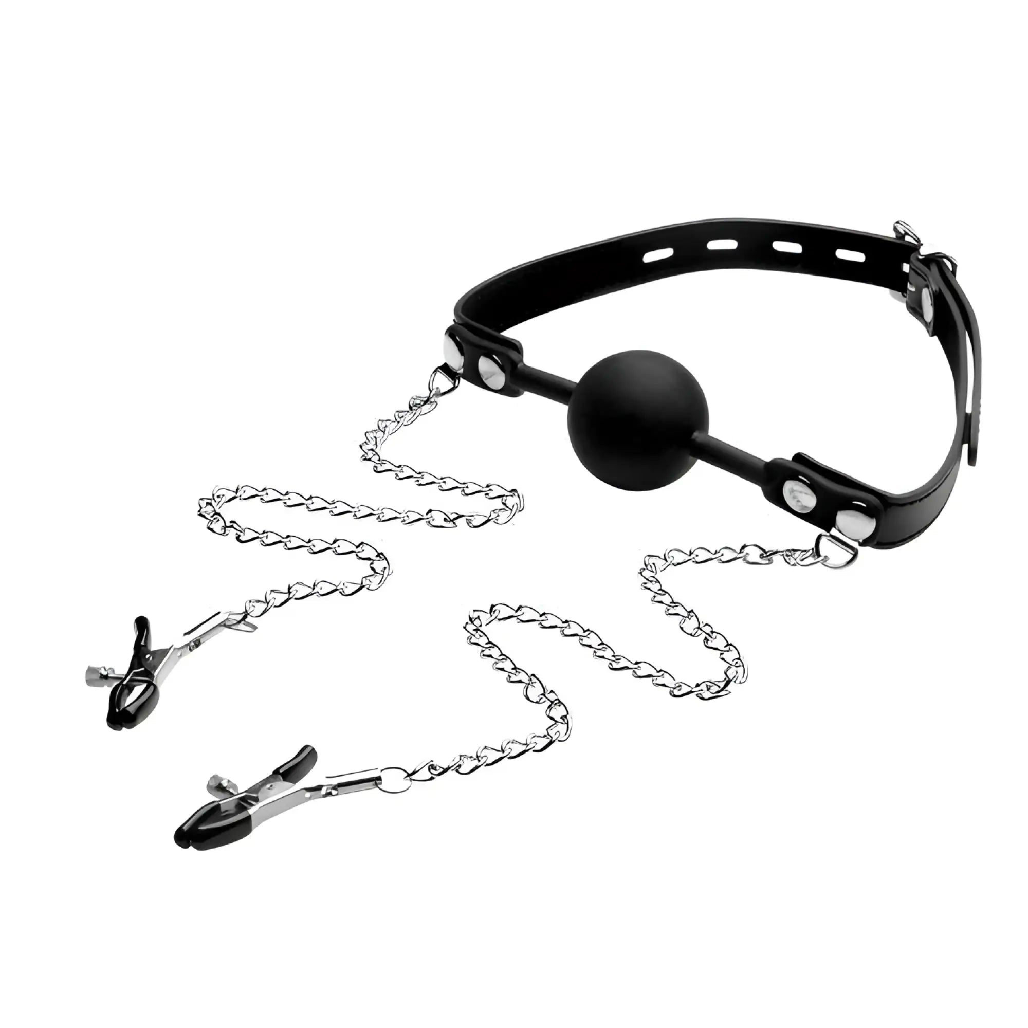 Strict Silicone Ball Gag with Nipple Clamps featuring a black collar, ball, and two silver chains with clamps.
