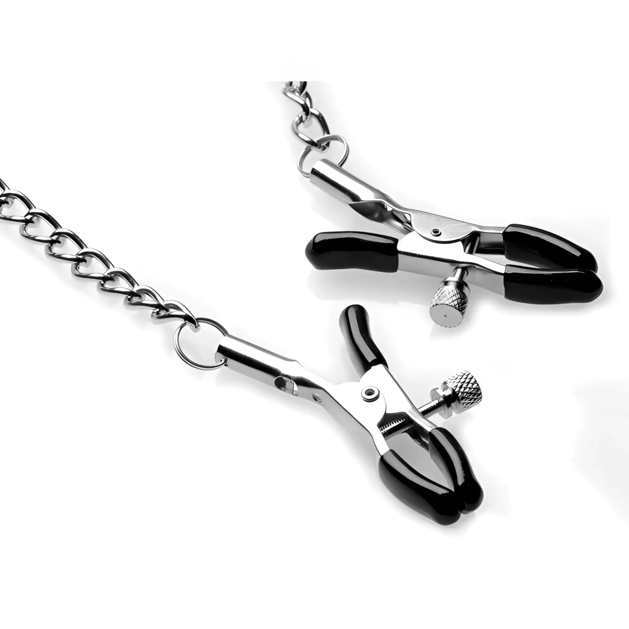 Strict Silicone Nipple Clamps with adjustable metal screws and black silicone tips, connected by a silver metal chain.