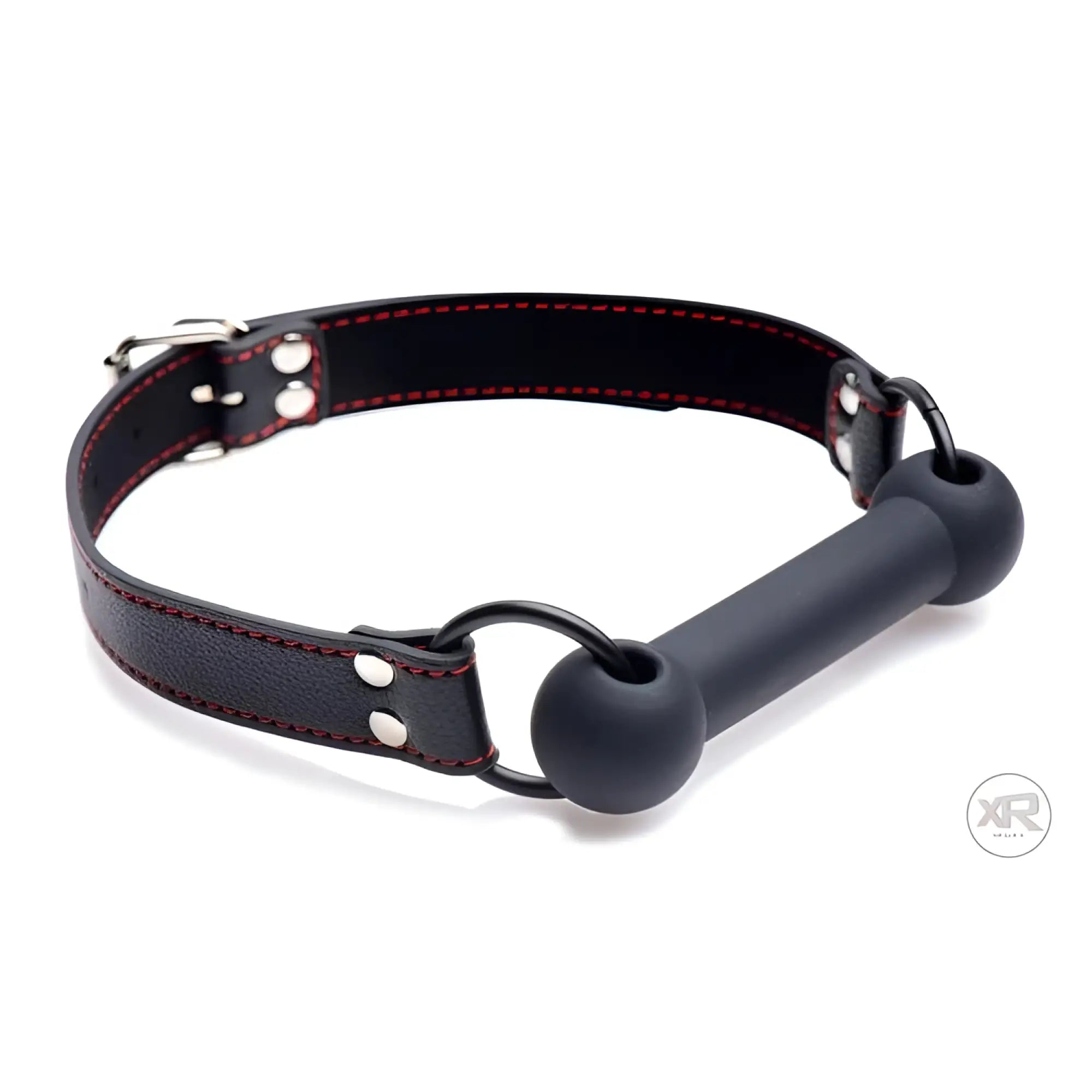 Strict Silicone Bit Gag: A black leather collar with red stitching, silver hardware, and a matte black silicone bar bit.