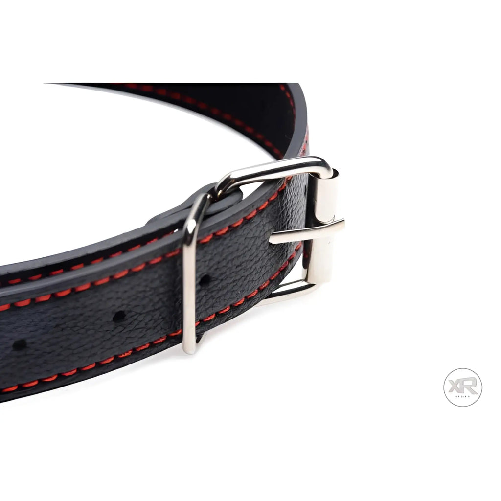 Strict Silicone Bit Gag: Close-up of a black textured strap with red stitching and a silver metal buckle.