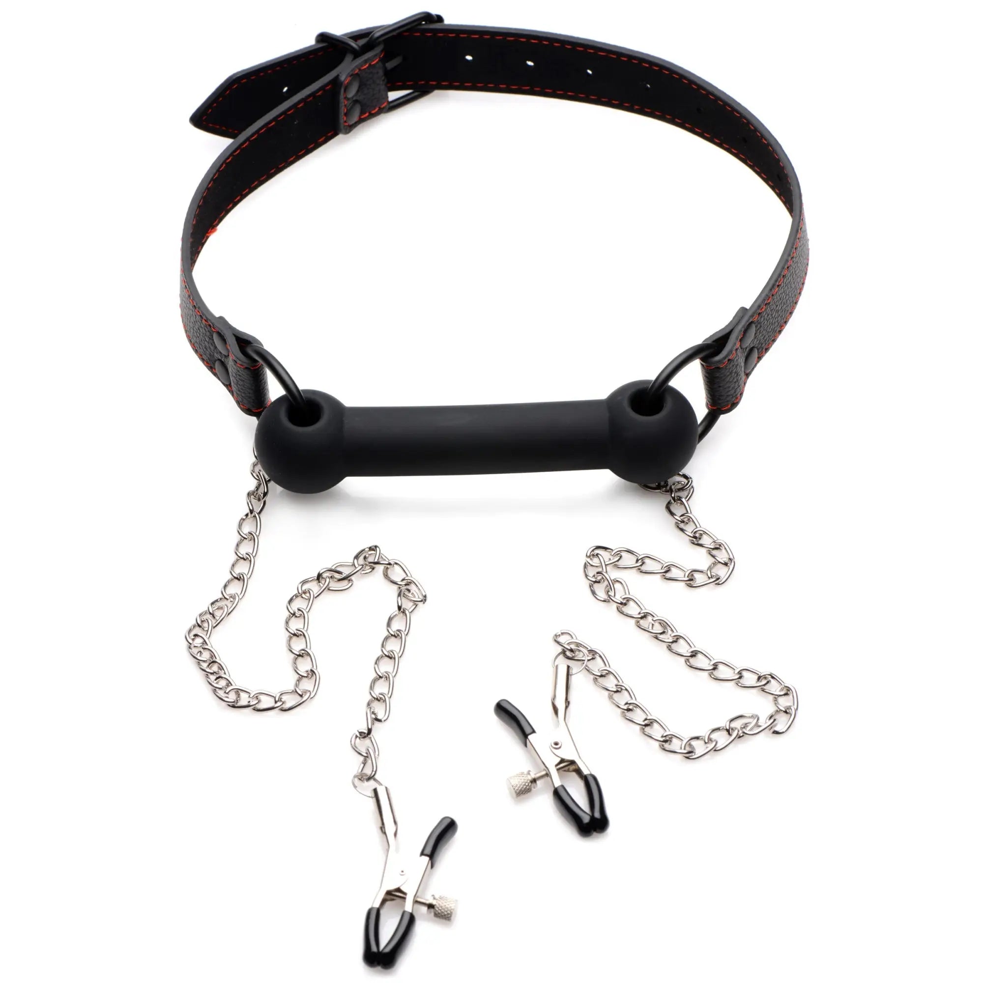 Strict Silicone Bit Gag with black leather-look collar featuring red stitching and two silver chains with nipple clamps.