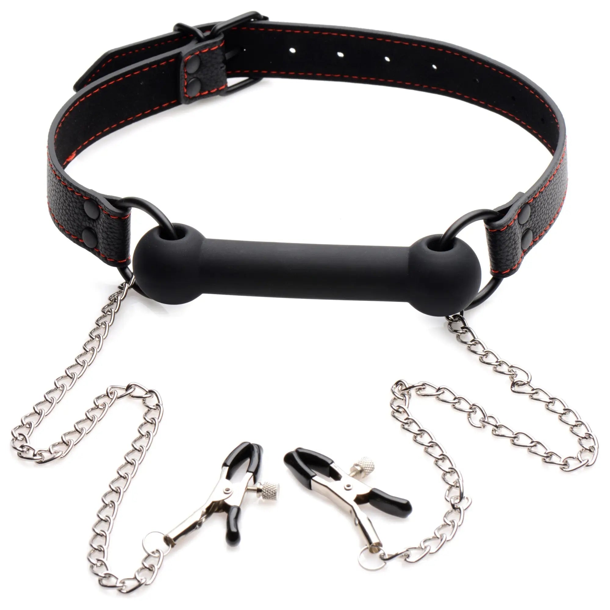 Strict Silicone Bit Gag with black leather collar, red stitching, and two metal nipple clamps attached via silver chains.