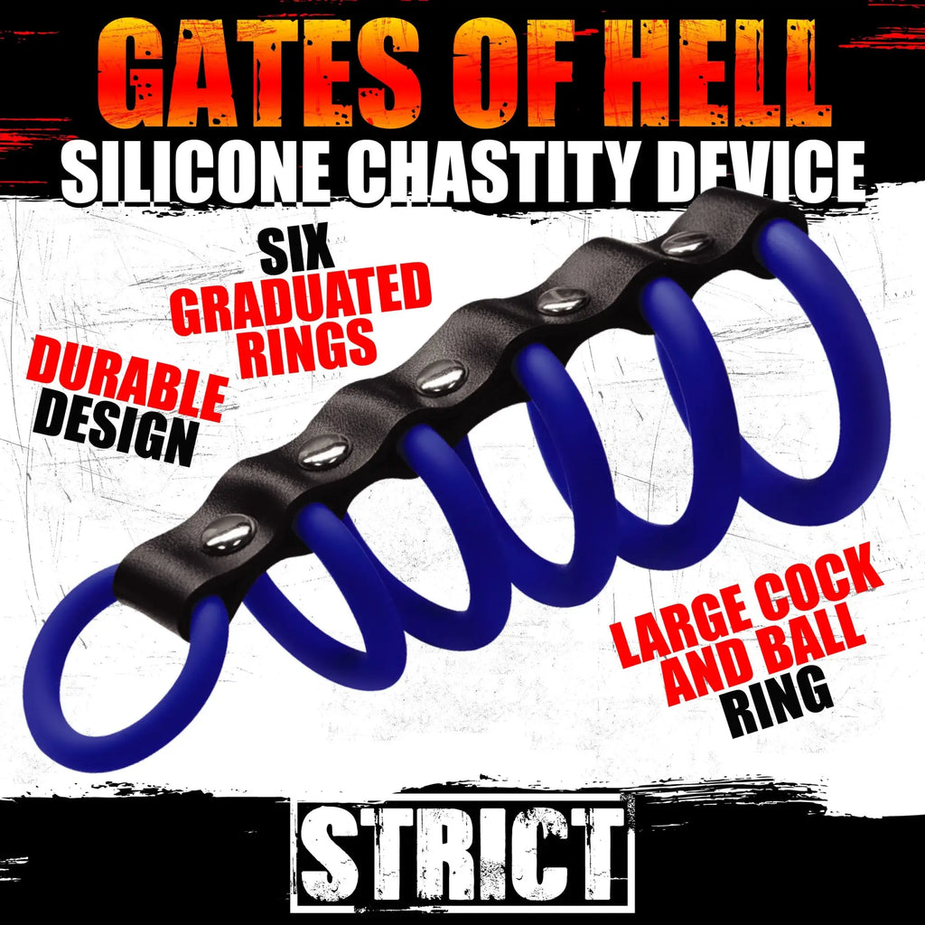 Strict Gates of Hell silicone chastity device featuring a black rail with six blue graduated rings.