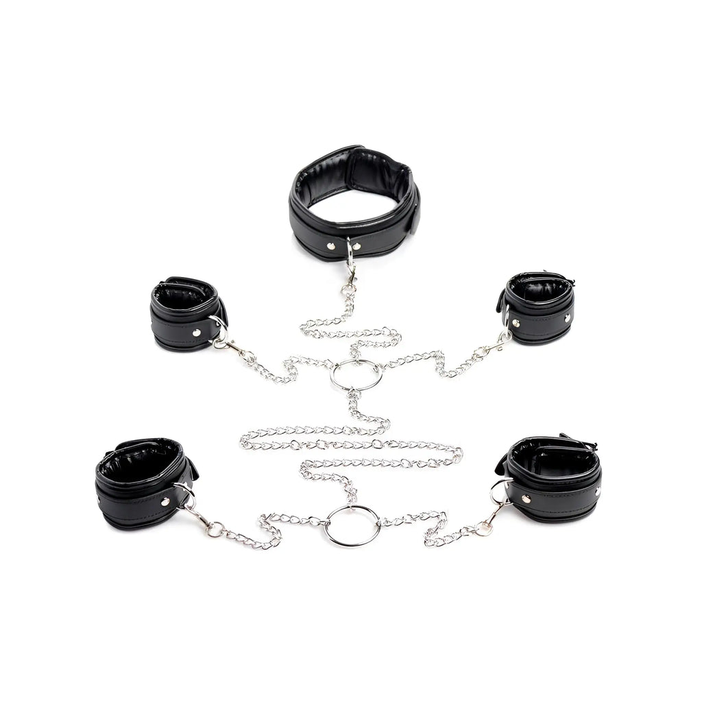 Strict Slave Bondage Shackle Set: five black padded leather cuffs connected by silver metal chains on a white background.