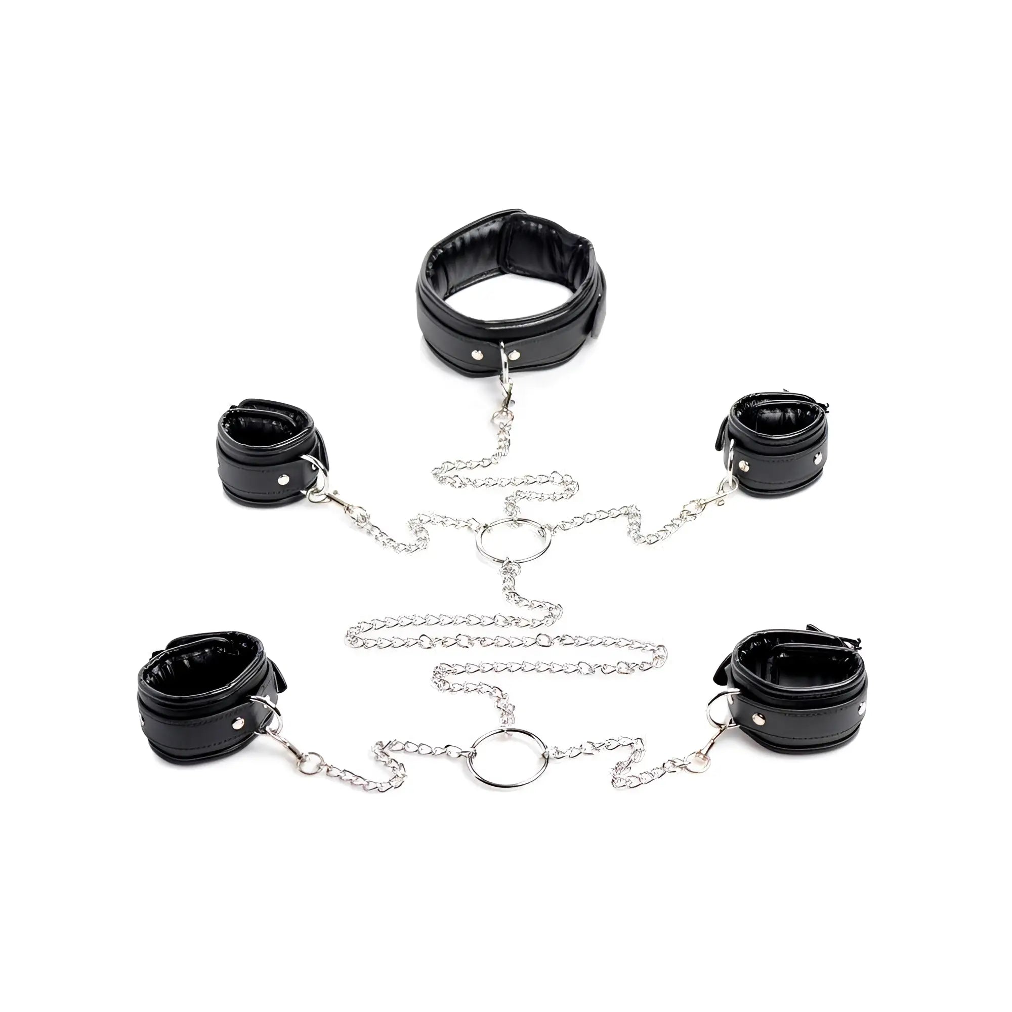 Strict Slave Bondage Shackle Set: five black padded leather cuffs connected by silver metal chains on a white background.
