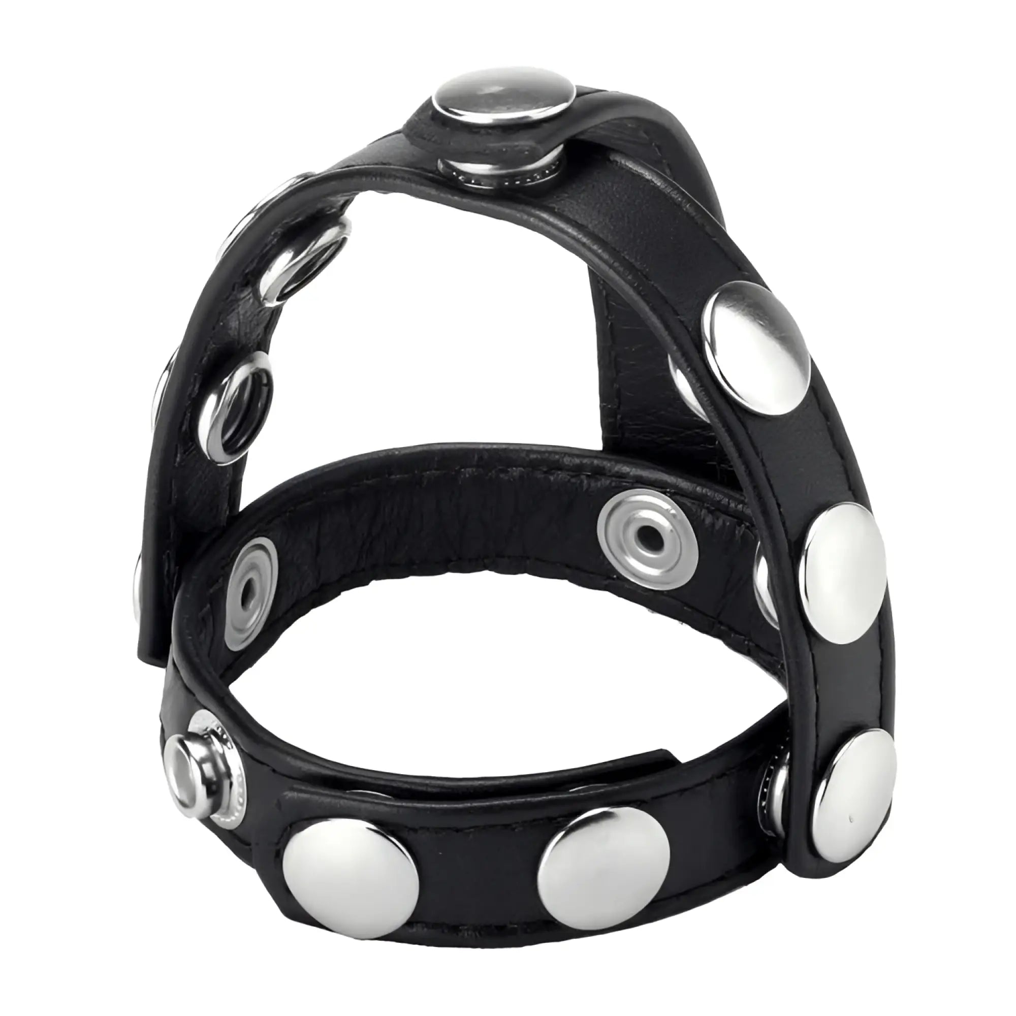 Black leather cock and ball harness with silver stud accents and adjustable straps.