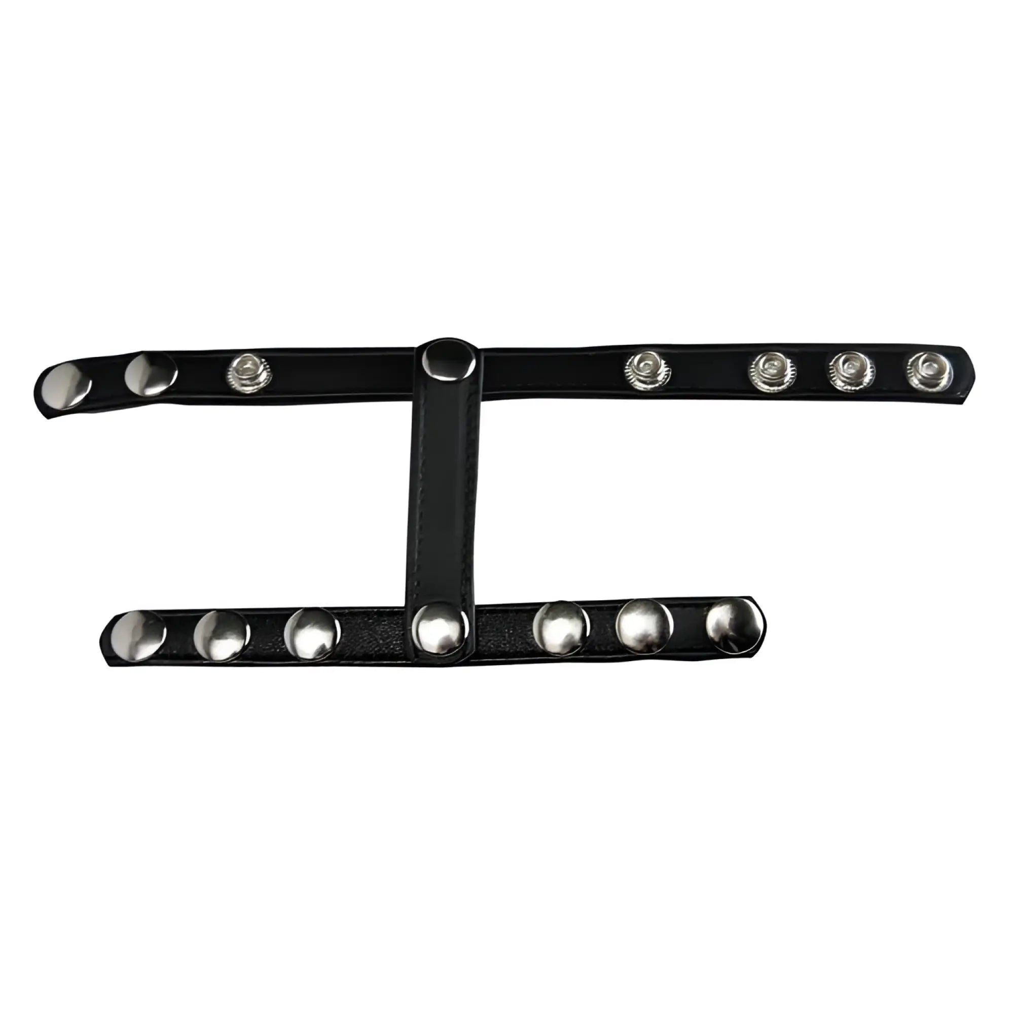 Black leather cock and ball harness with multiple adjustable snap closures.