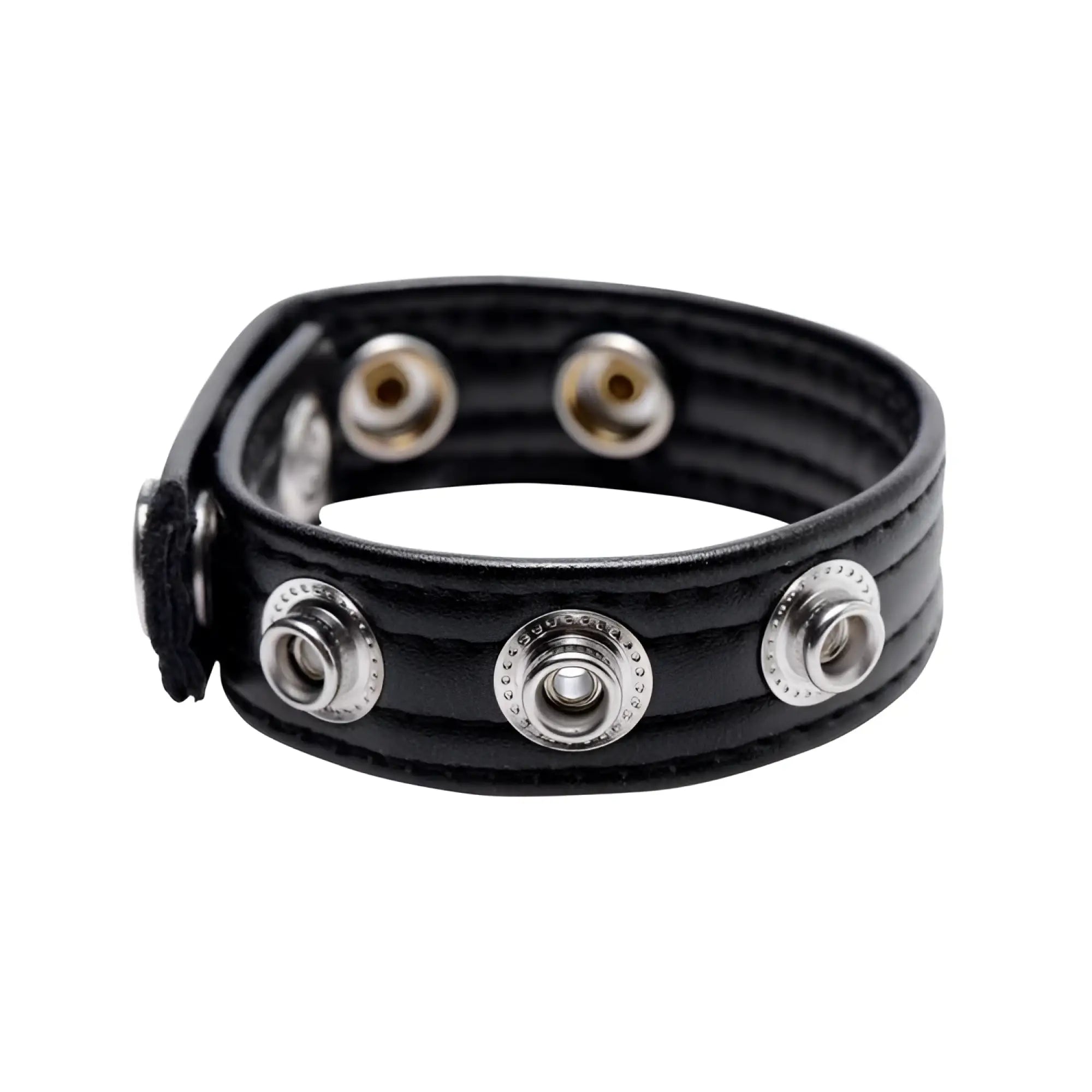 Strict Speed Snap Cock Ring: A black leather-style band featuring multiple silver-tone metal snap button fasteners.