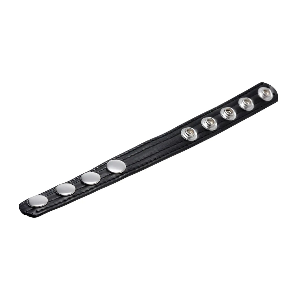 Strict Speed Snap Cock Ring: A black leather strap featuring silver metal snap buttons for adjustable closure.