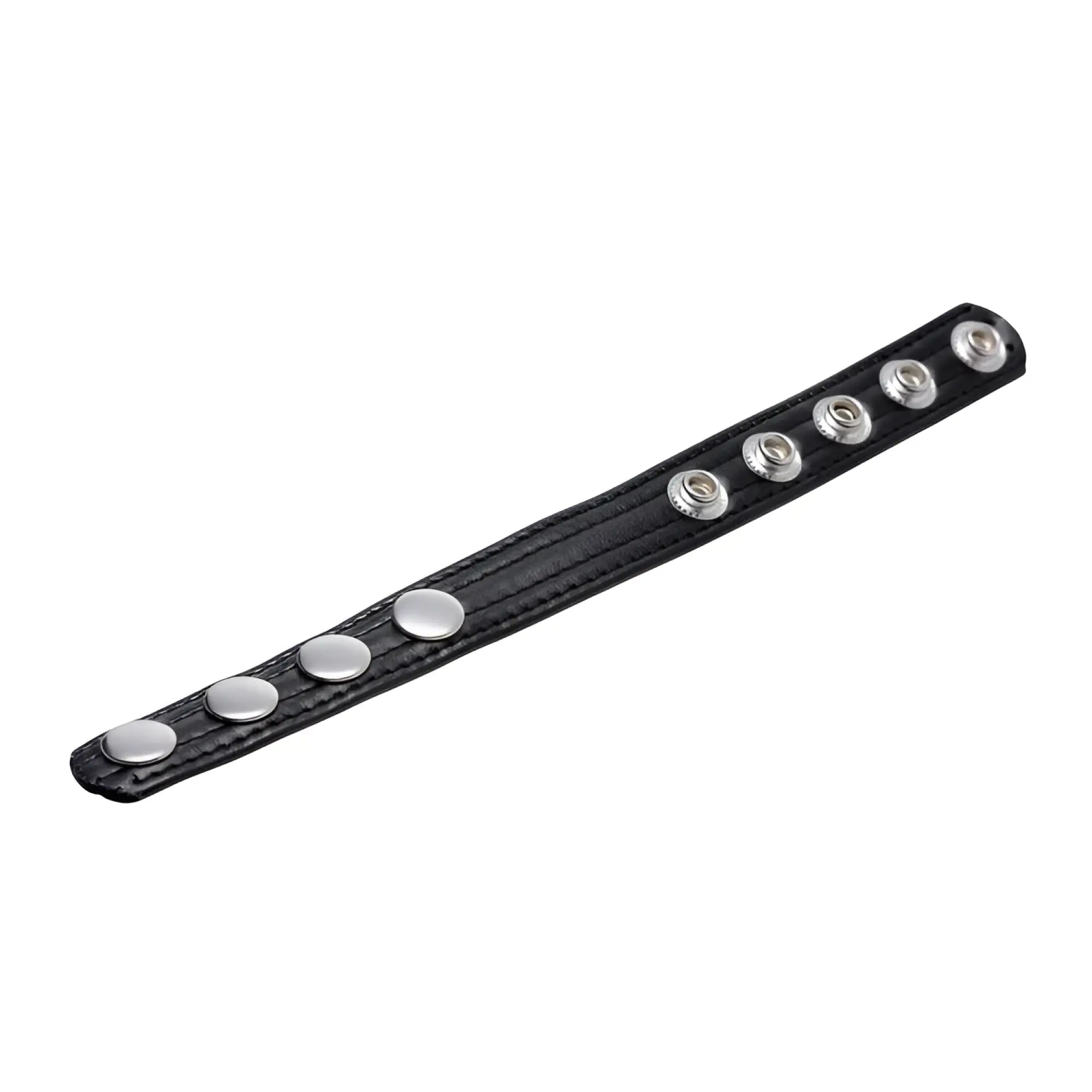 Strict Speed Snap Cock Ring: A black leather strap featuring silver metal snap buttons for adjustable closure.