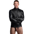A man wearing a black faux-leather Strict Straight Jacket with buckled sleeves and a high collar.