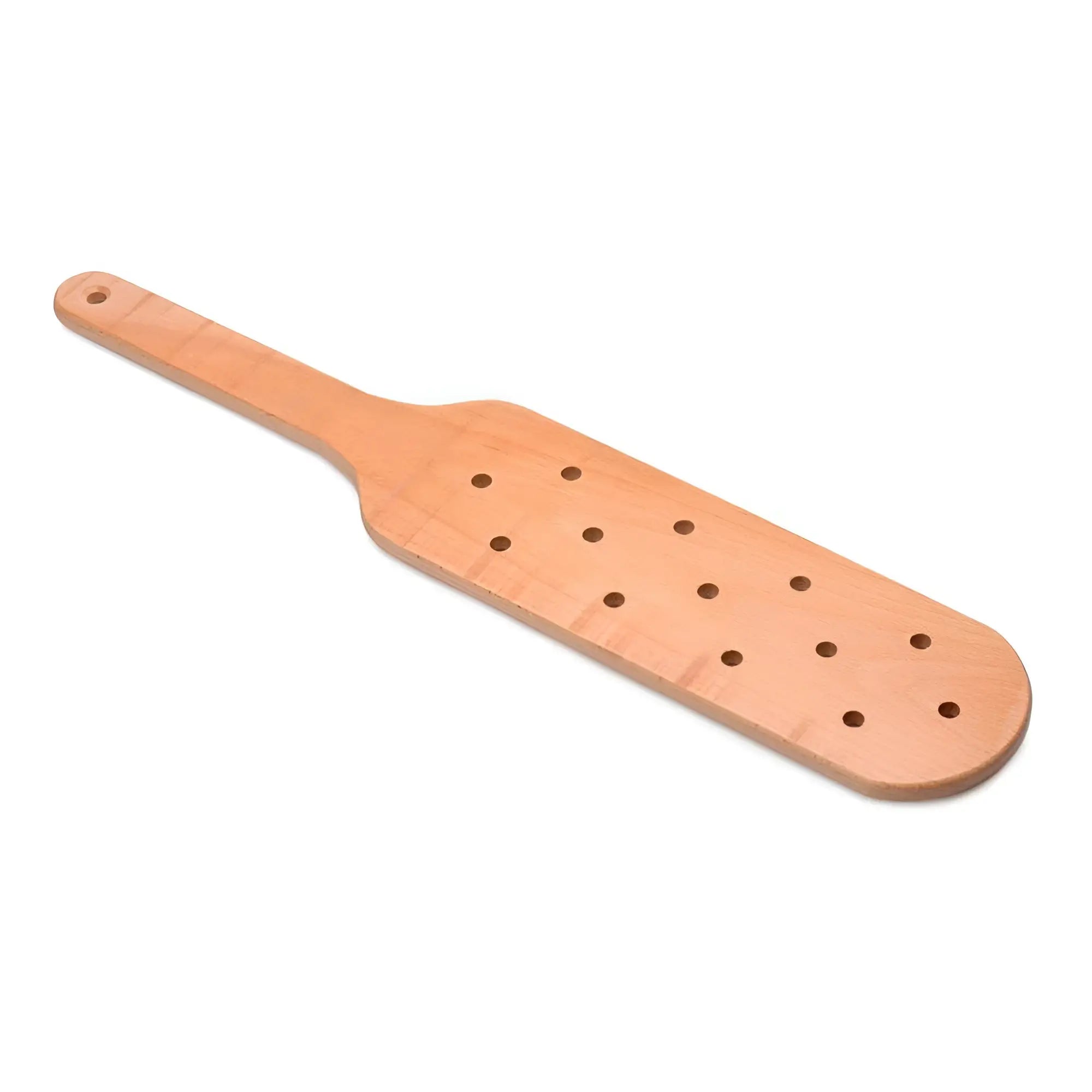 Strict Wooden Paddle: A light brown, flat wooden paddle with a long handle and a series of drilled holes on the head.