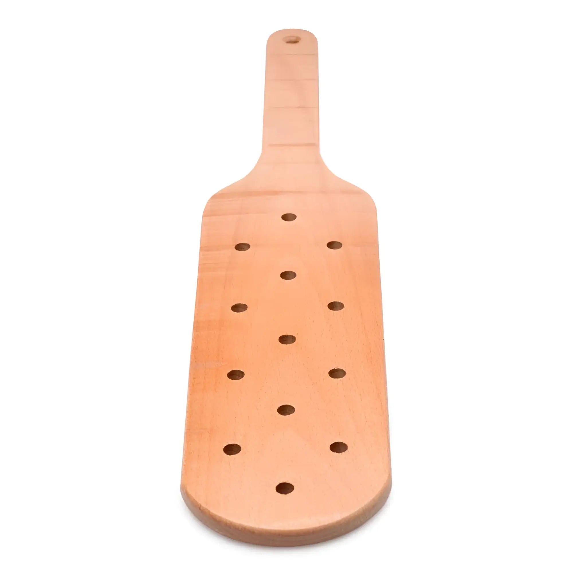 Strict Wooden Paddle featuring a light brown finish, flat design, and symmetrical perforations across the blade.