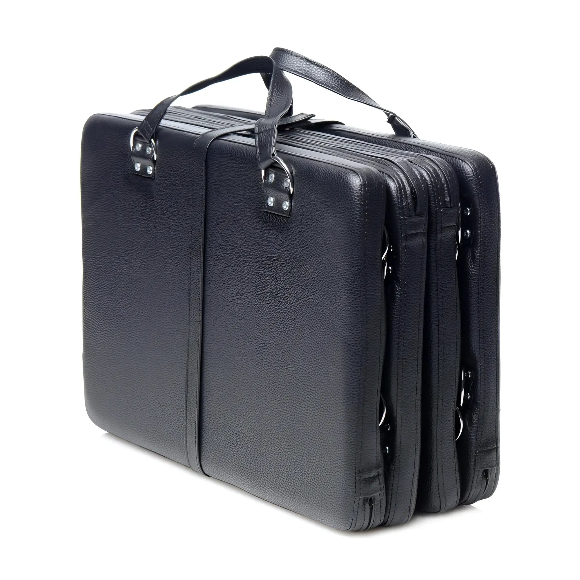 Strict XL Bondage Board: A folded black leather-textured board with sturdy carrying handles and silver D-ring accents.