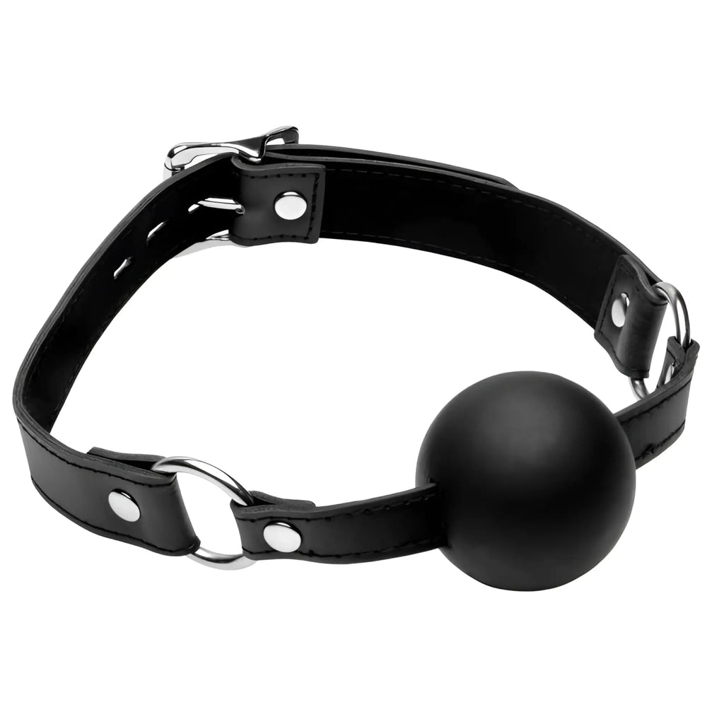 Strict XL Silicone Ball Gag featuring a matte black ball on an adjustable black leather strap with silver hardware.