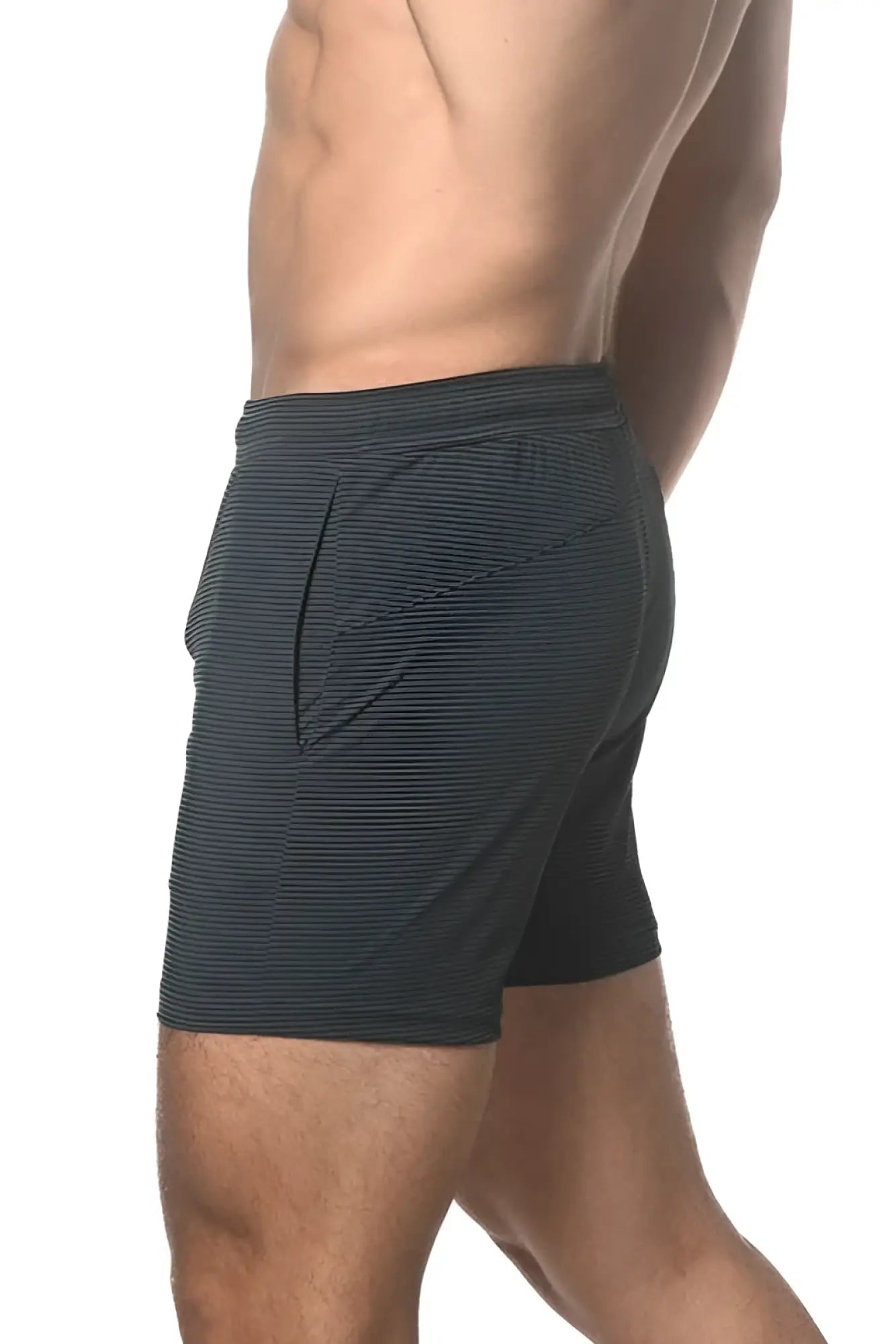 Dark gray stripe stretch performance shorts with subtle horizontal stripes and modern sleek design for active use