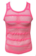 A vibrant pink striped fishnet tank top with horizontal solid fabric bands made of mesh material