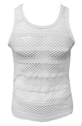 White striped fishnet tank top with horizontal ribbed bands made of mesh fabric for breathable wear