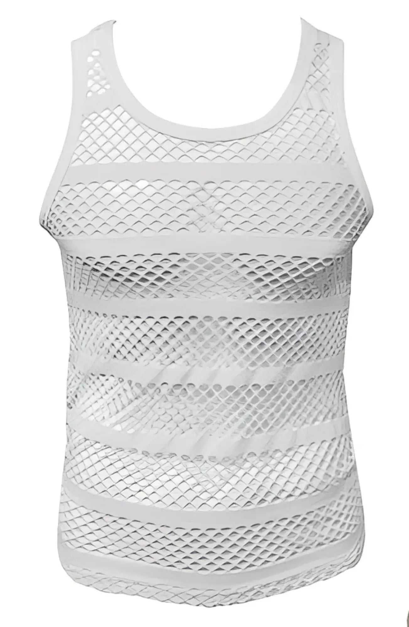 White striped fishnet tank top with horizontal ribbed bands made of mesh fabric for breathable wear
