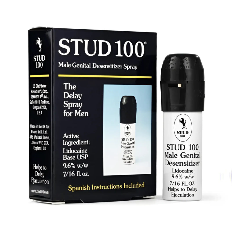 STUD 100 Genital Desensitizer spray in a white canister next to its black product box with white and gold text.