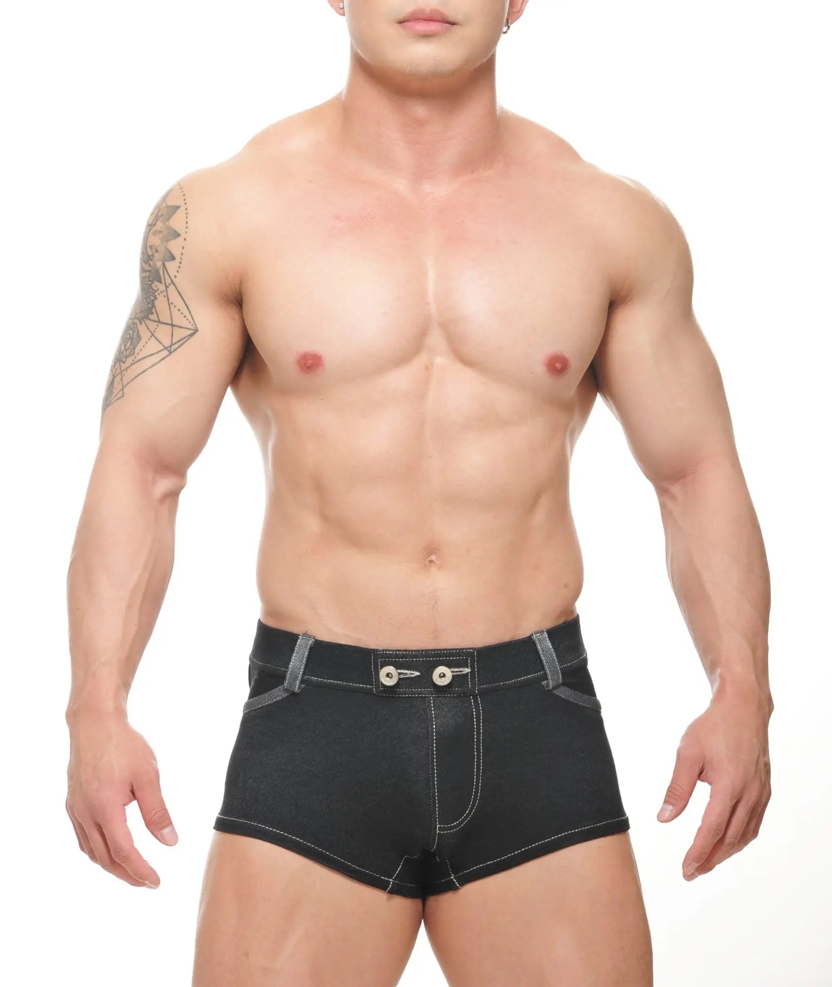 Black denim conner denim shorts with silver stitching and a buttoned waistband for casual wear