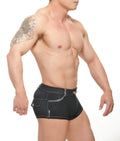 Black conner denim shorts with silver-toned hardware and front pocket detail in durable denim material