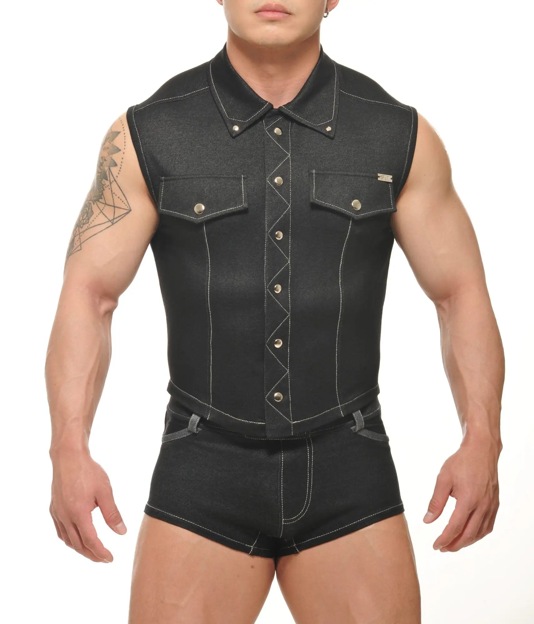 Durango denim muscle vest sleeveless black denim with silver-toned buttons and white stitching details