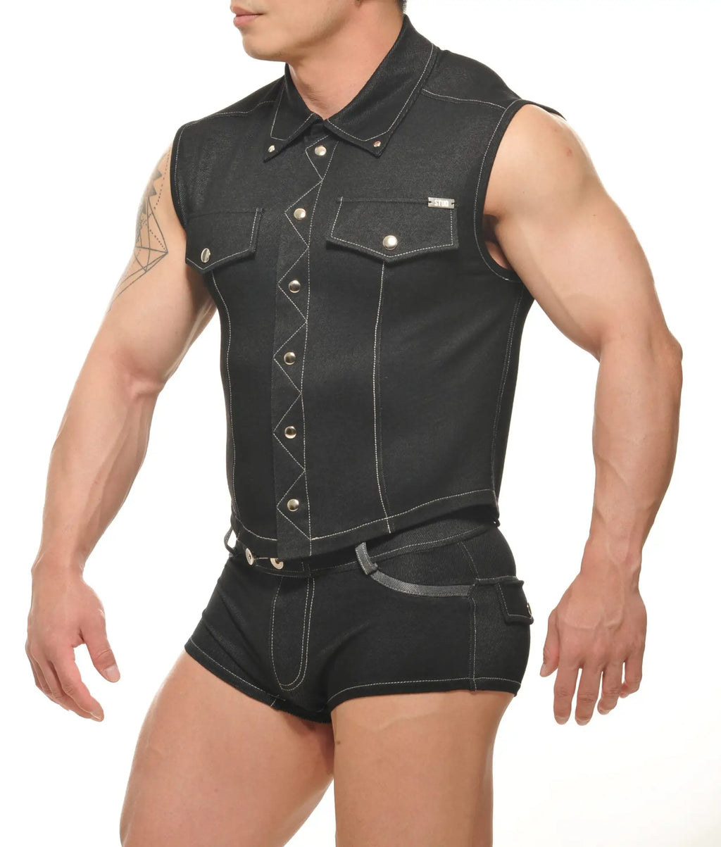 Durango denim muscle vest black sleeveless denim with silver buttons and contrasting stitching