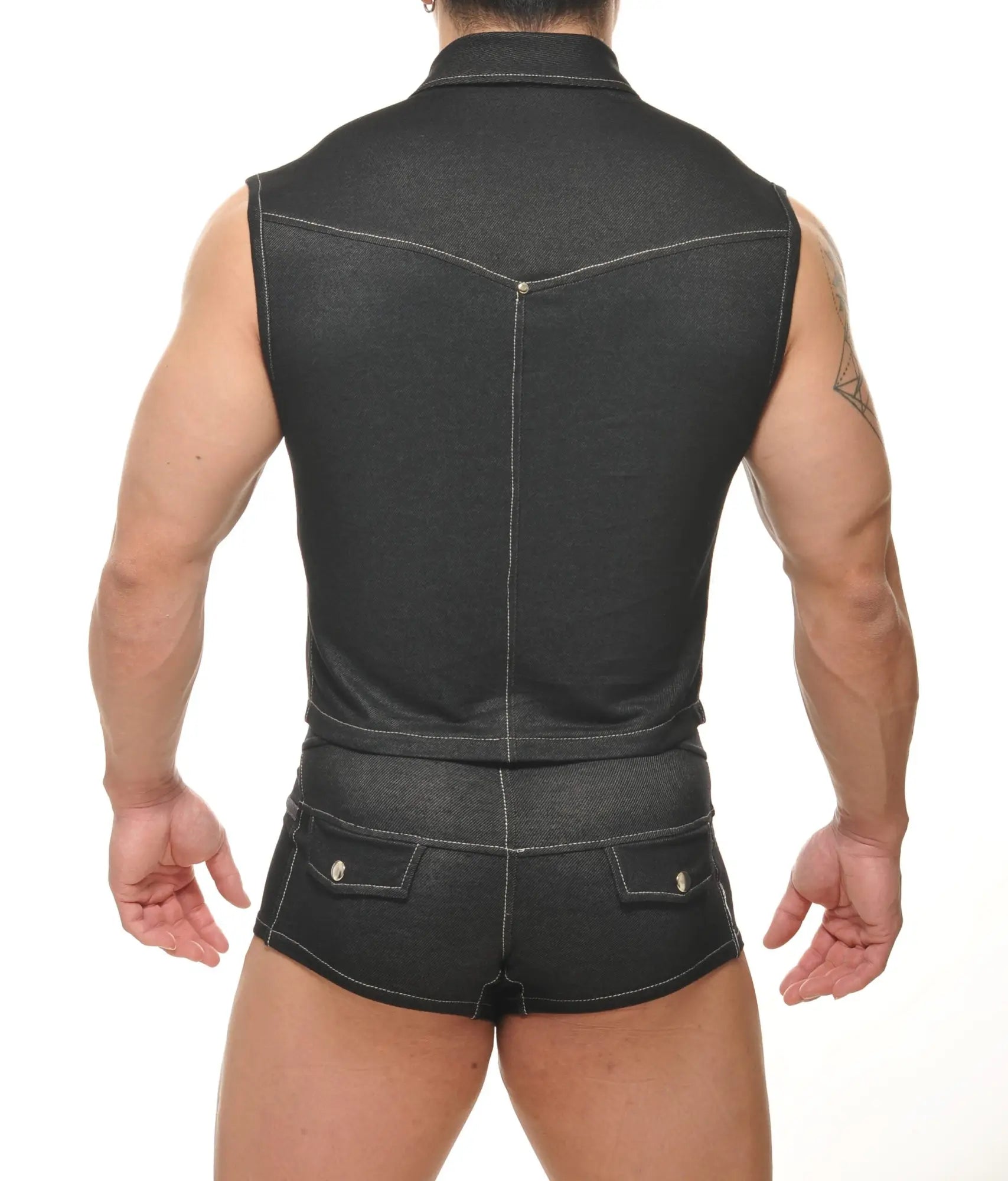 Durango denim muscle vest and matching shorts in black denim with white stitching details