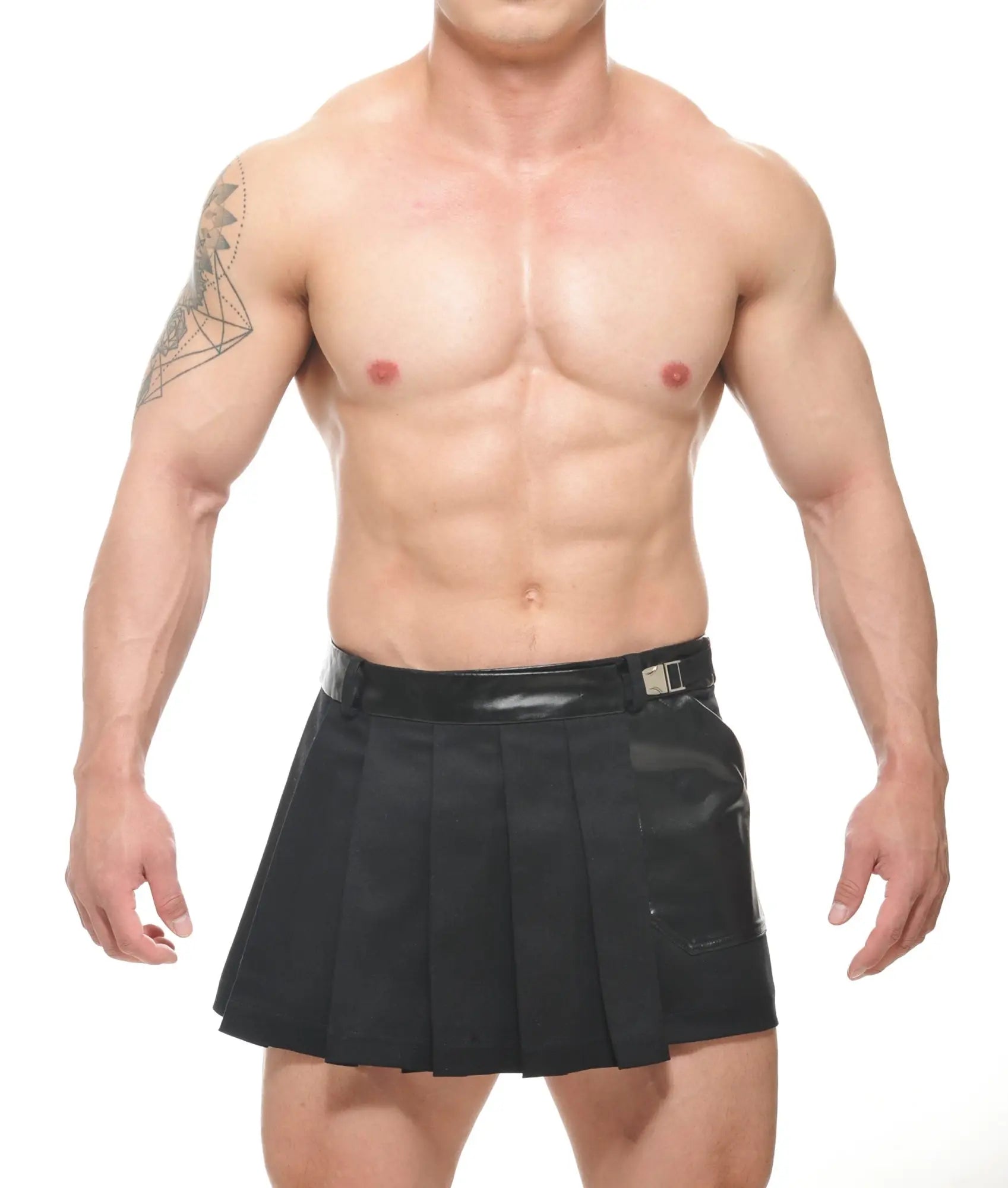 Black pleated skirt spar wrap skirt with shiny black belt and buckle for stylish casual or formal wear
