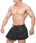 Black spar wrap skirt pleated shorts with glossy patent leather belt and front pocket detail