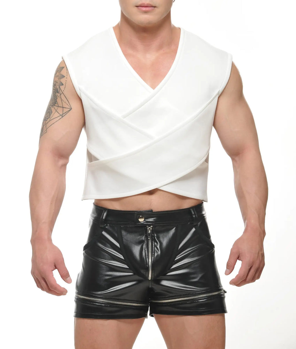 White sleeveless theta crop top with v-neck and crisscross front design perfect for casual summer wear
