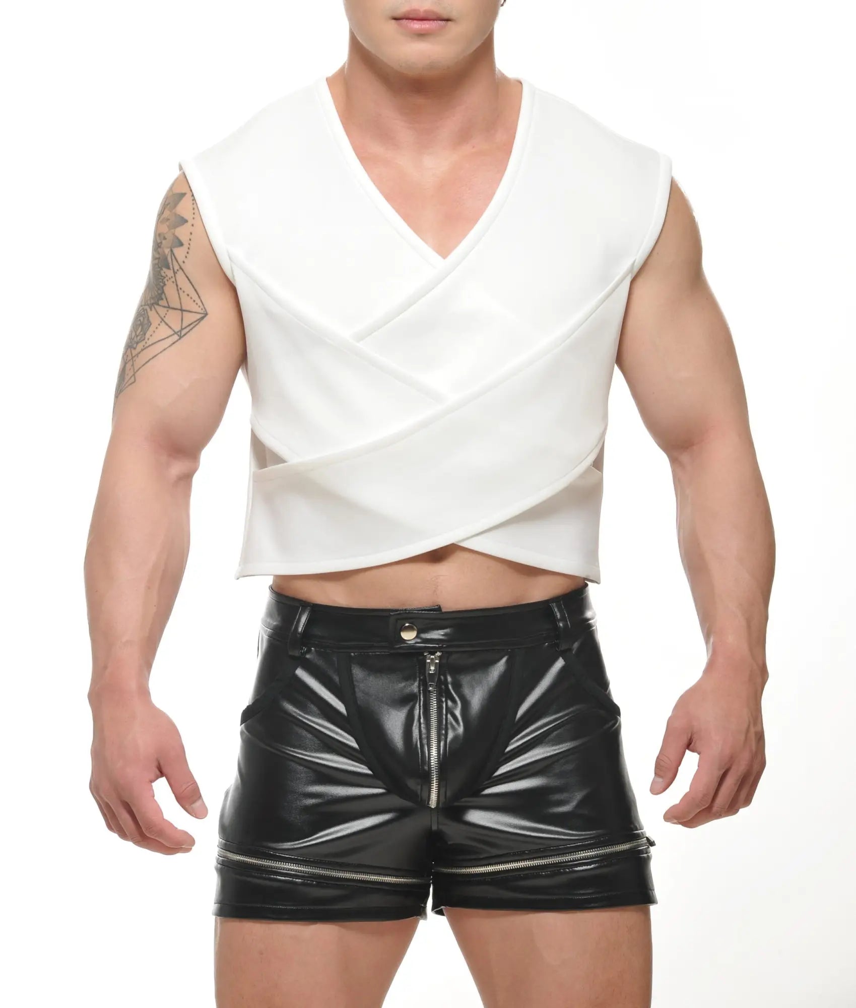 White sleeveless theta crop top with v-neck and crisscross front design perfect for casual summer wear